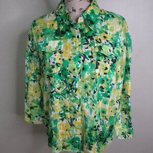 Samantha Gray Button Up Blouse 16 Green Yellow Floral 3/4 Sleeve